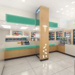 Pharmacy interiors counters contrast shopfitters decoration