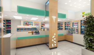 Pharmacy interiors counters contrast shopfitters decoration