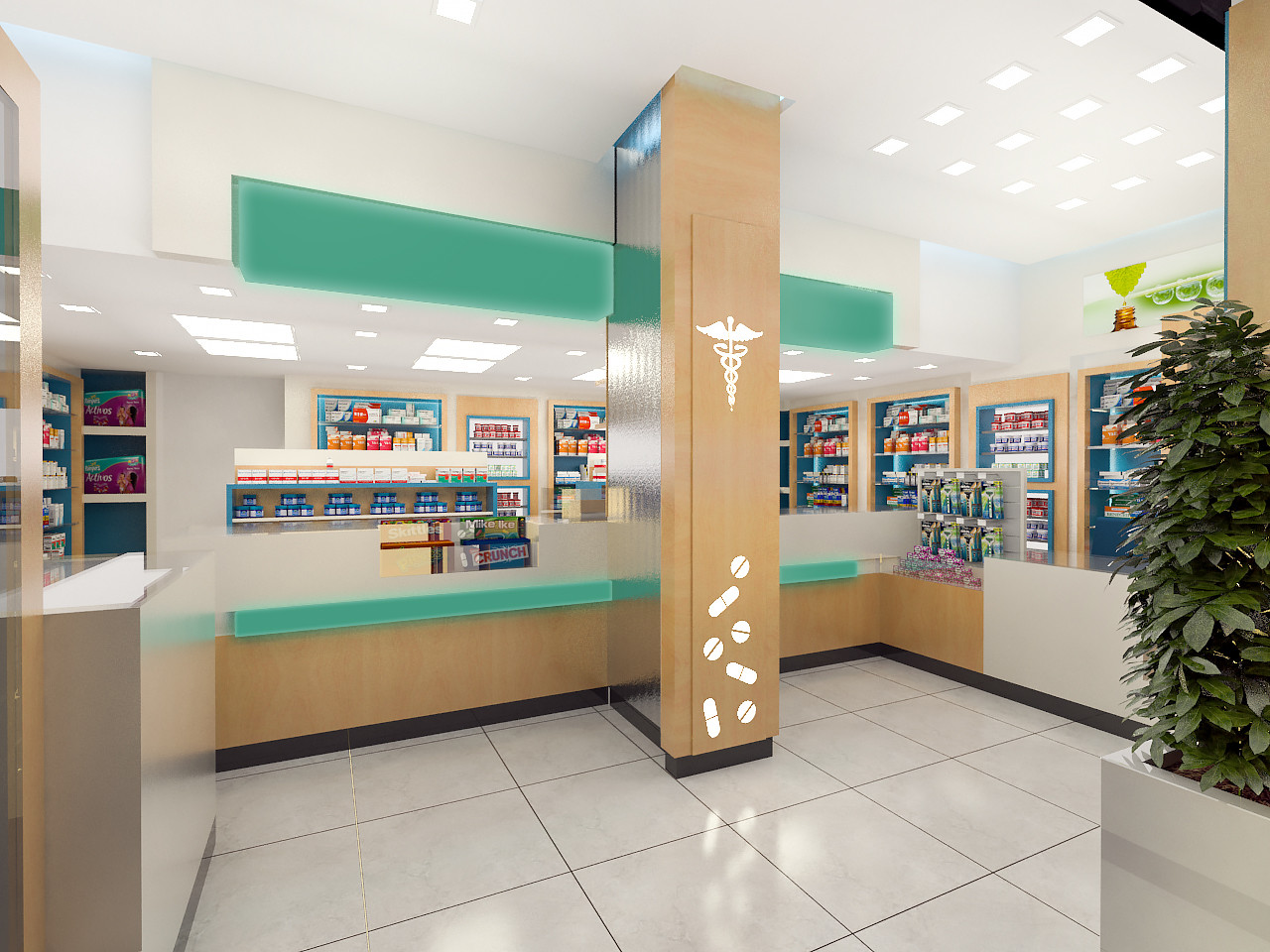 Pharmacy interiors counters contrast shopfitters decoration